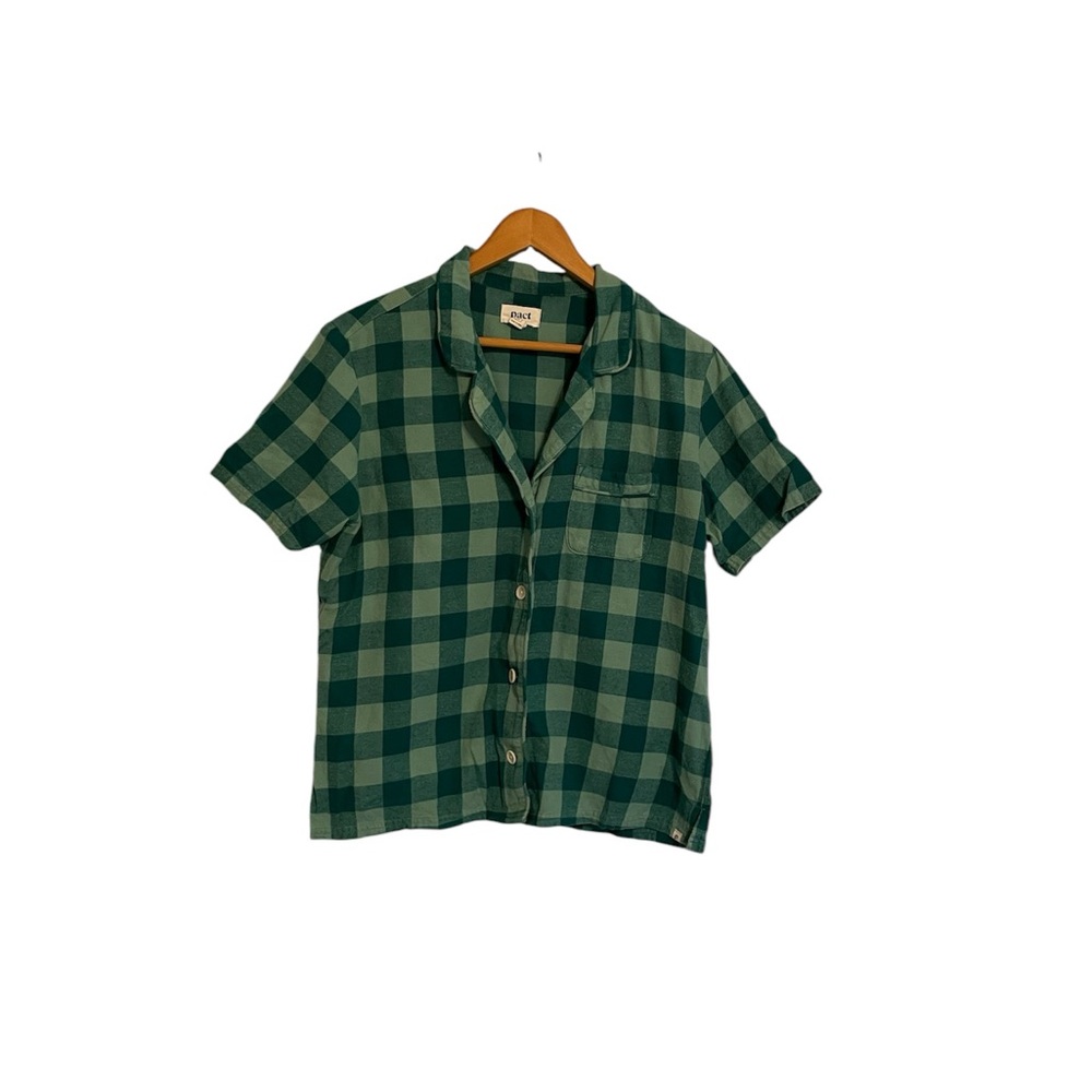 Pact Women’s Short Sleeve Green Plaid Flannel Button Down Top Sz S